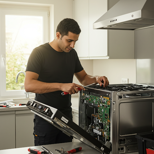 فني صيانة بلت ان جنرال اليكتريك المُعتمد يُصلح بوتاجاز مدمج باستخدام قطع غيار أصلية وأدوات احترافية، مع ظهور رقم الخط الساخن جنرال اليكتريك 19224 لطلب خدمة صيانة سريعة ودقيقة في جميع أنحاء مصر.