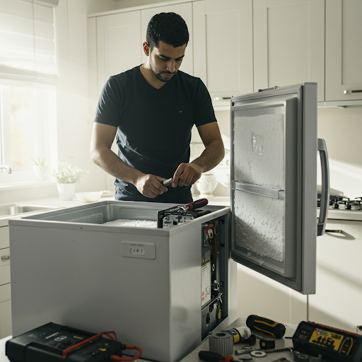 فني صيانة ديب فريزر جنرال اليكتريك المُعتمد يُجري إصلاحًا باستخدام قطع غيار أصلية وأدوات متخصصة، مع ظهور رقم الخط الساخن جنرال اليكتريك 19224 لطلب خدمة صيانة فورية في جميع أنحاء مصر.