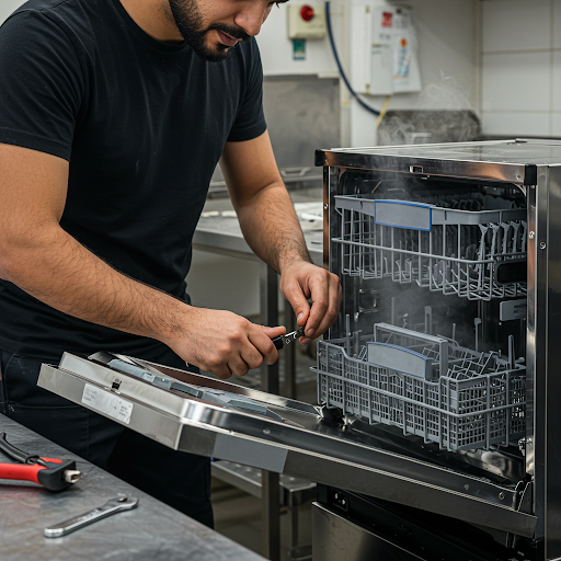 فني صيانة غسالات جنرال اليكتريك المُعتمد يُجري إصلاحًا دقيقًا باستخدام قطع غيار أصلية، مع ظهور رقم الخط الساخن جنرال اليكتريك 19224 لطلب خدمة سريعة في مصر.