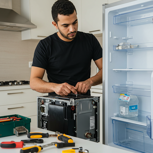 فني صيانة ثلاجات جنرال اليكتريك المُعتمد يُجري إصلاحًا لثلاجة باستخدام قطع غيار أصلية وأدوات احترافية، مع ظهور رقم الخط الساخن جنرال اليكتريك 19224 لطلب خدمة صيانة سريعة وآمنة في جميع أنحاء مصر.