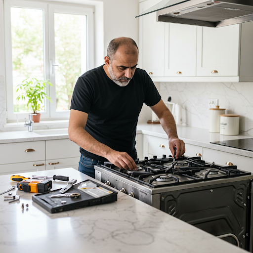 فني صيانة بوتاجازات جنرال اليكتريك المُعتمد يُصلح عطلًا باستخدام قطع غيار أصلية، مع ظهور رقم الخط الساخن جنرال اليكتريك 19224 لطلب خدمة صيانة سريعة وآمنة في مصر.