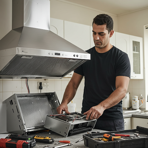 فني صيانة شفاطات جنرال اليكتريك المُعتمد يُجري إصلاحًا دقيقًا باستخدام قطع غيار أصلية وأدوات احترافية، مع ظهور رقم الخط الساخن جنرال اليكتريك 19224 لطلب خدمة صيانة فورية في جميع أنحاء مصر.