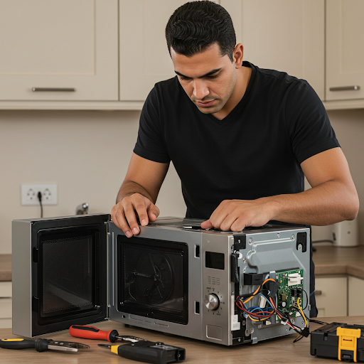 فني صيانة ميكروويف جنرال اليكتريك المُعتمد يُجري إصلاحًا دقيقًا باستخدام قطع غيار أصلية وأدوات احترافية، مع ظهور رقم الخط الساخن جنرال اليكتريك 19224 لطلب خدمة صيانة سريعة وآمنة في جميع أنحاء مصر.