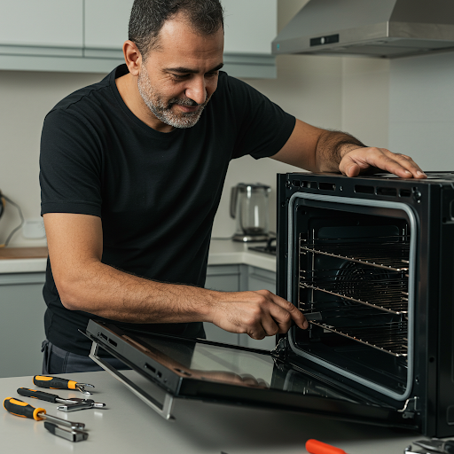 فني صيانة افران جنرال اليكتريك المُعتمد يُجري إصلاحًا لفرن مطبخي باستخدام قطع غيار أصلية، مع ظهور رقم الخط الساخن جنرال اليكتريك 19224 لطلب خدمة صيانة فورية في جميع أنحاء مصر.