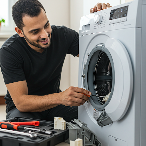 فني صيانة غسالات جنرال اليكتريك المُعتمد يُجري إصلاحًا دقيقًا باستخدام قطع غيار أصلية، مع ظهور رقم الخط الساخن جنرال اليكتريك 19224 لطلب خدمة سريعة في مصر.
